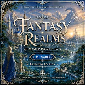 Fantasy Realms, 20 AI Art Master Prompts, Fantasy Worldbuilding PDF, A4 + US Letter