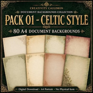 80 Celtic Backgrounds, A4 Printable Digital Paper Pack, Grimoire, Book of Shadows and Stationery Pages