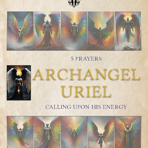 May include: A beige poster with the text "ARCHANGELS OF THE KABBALAH 10/10" and "5 PRAYERS". The poster features illustrations of angels with colorful wings, and the words "ARCHANGEL URIEL" are prominently displayed.
