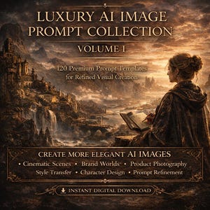 Peut inclure: Couverture de produit numérique avec le texte "LUXURY AI IMAGE PROMPT COLLECTION VOLUME I". L'image présente un paysage fantastique et une femme écrivant dans un livre. La couverture comprend également le texte "120 Premium Prompt Templates for Refined Visual Creation".