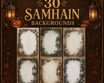 May include: A digital collection of 30 Samhain backgrounds featuring ornate frames decorated with lanterns, pumpkins, and autumn foliage. The text reads 30 SAMHAIN BACKGROUNDS, Digital Download, 3:4 Vertical PNG Files, and No Physical Item.