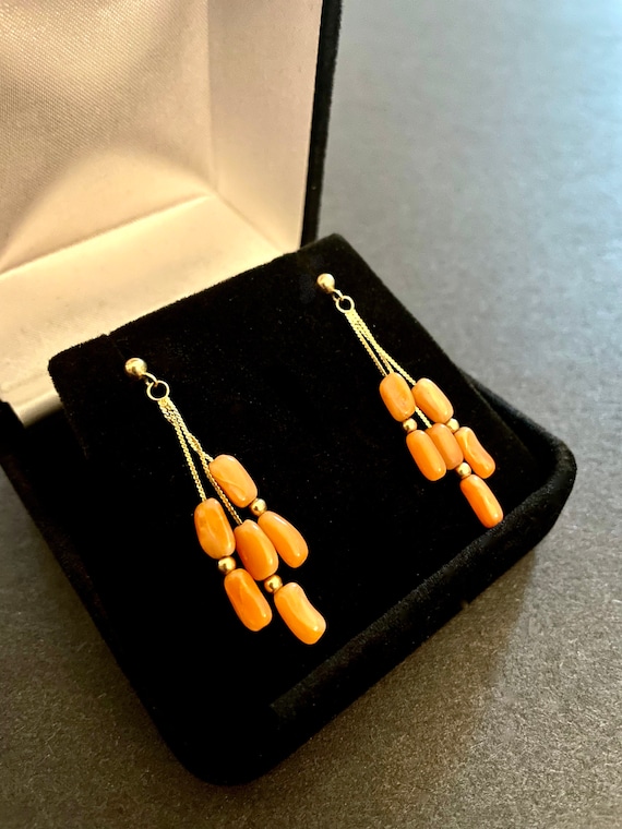 14K Yellow Gold Coral Drop Earrings, 2.1g., Comes… - image 1