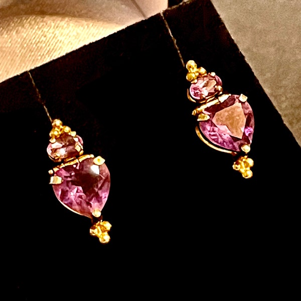 14K YG Amethyst Heart Shaped Drop Stud Earrings,2.3G., .075L, Feminine Delicate Shape with Amethyst Stones and 14K YG Details, Velvet box.