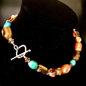 Sterling Silver  Semi-Precious Tigers Eye, Turquoise, Coral, Orange Sapphire, Sterling Silver Beads, Toggle Clasp Chunky Gem Stone Necklace.