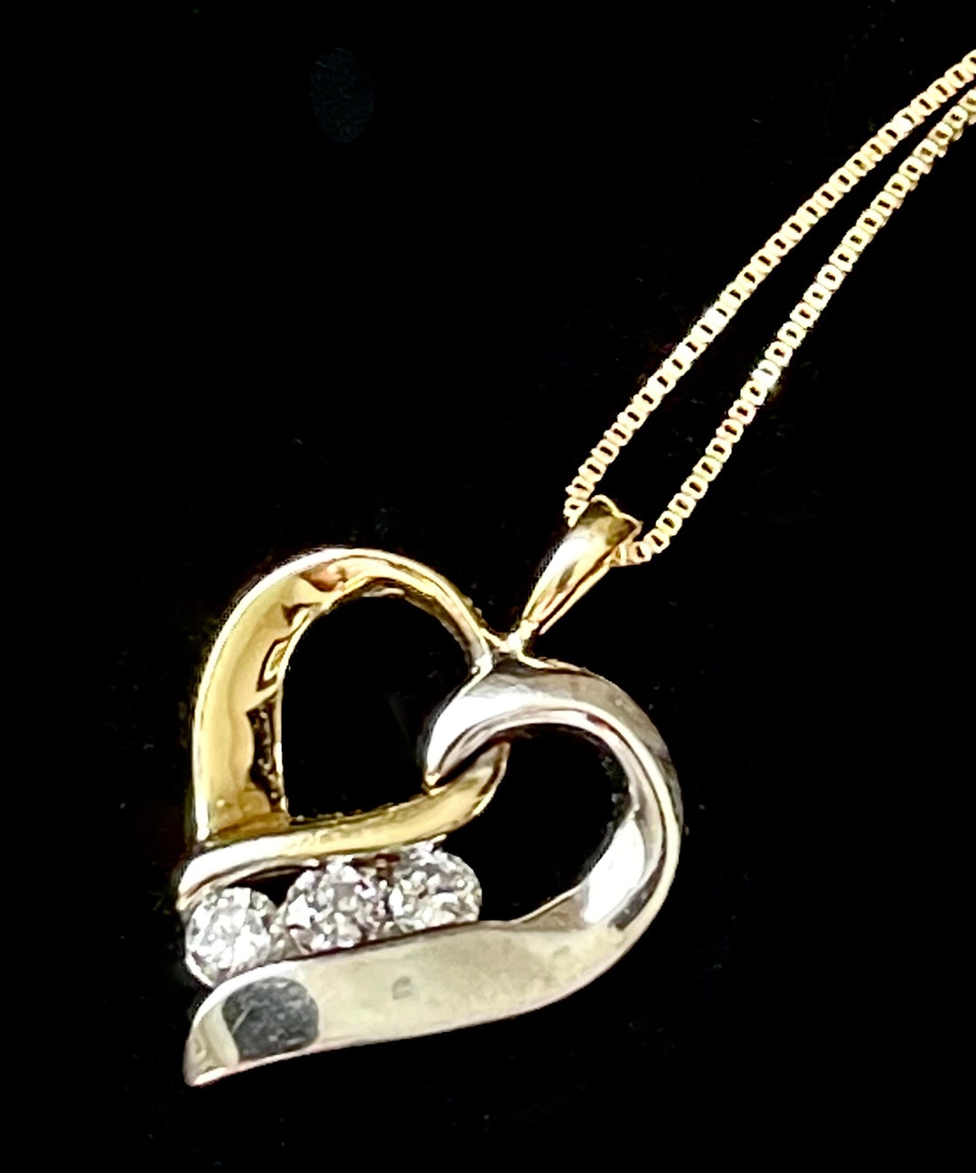 14K Yellow Gold and White Gold Triple Diamond Heart Pendant on 14K