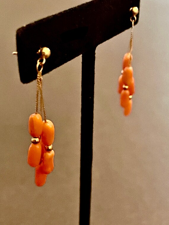 14K Yellow Gold Coral Drop Earrings, 2.1g., Comes… - image 6