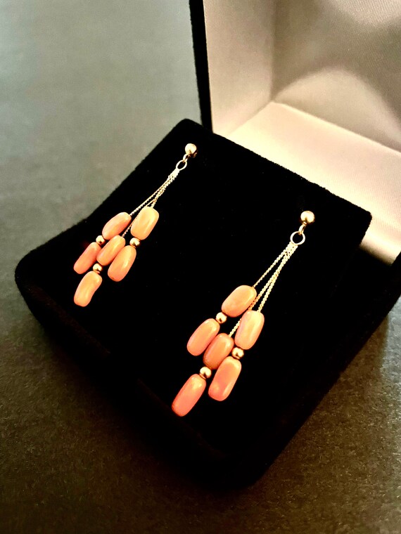 14K Yellow Gold Coral Drop Earrings, 2.1g., Comes… - image 9