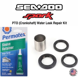 May include: A Sea-Doo Spark PWC water leak repair kit. The kit contains a sleeve retainer, three black rubber seals, and a metal cylinder. The Permatex sleeve retainer is high-temperature and designed to secure studs and prevent corrosion.