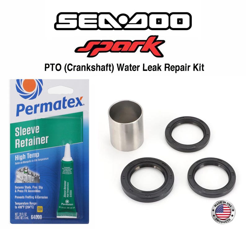 May include: A Sea-Doo Spark PWC water leak repair kit. The kit contains a sleeve retainer, three black rubber seals, and a metal cylinder. The Permatex sleeve retainer is high-temperature and designed to secure studs and prevent corrosion.