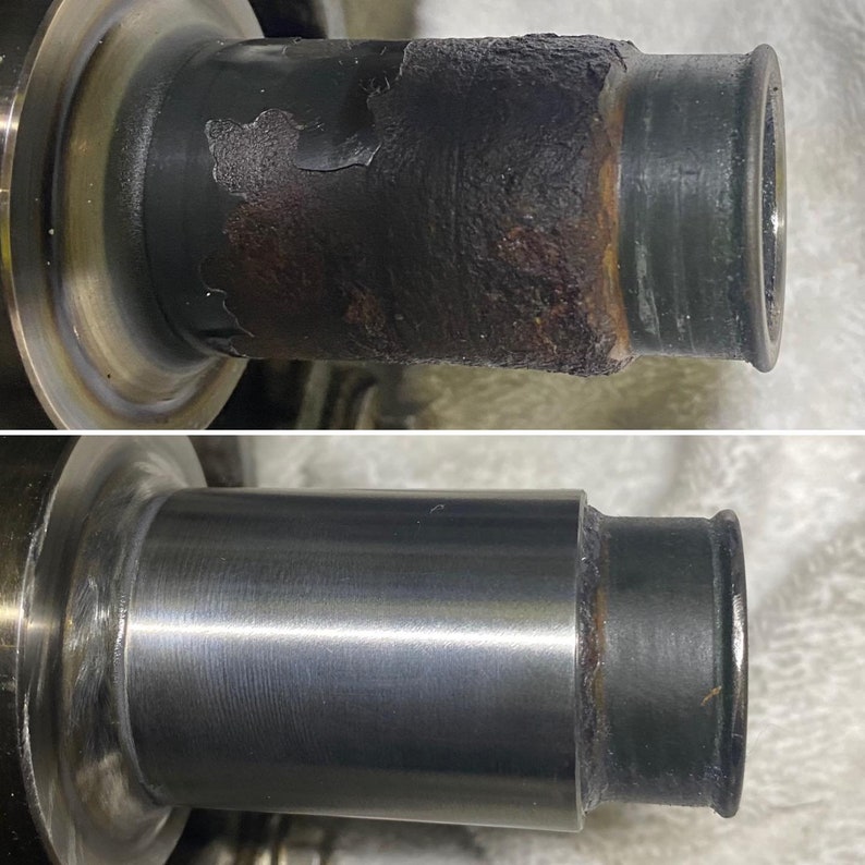 May include: Image comparing a metal component before and after refurbishment. The top part shows a corroded, dark section with peeling. The bottom part displays the same component, now clean and polished, with a shiny, silver appearance.