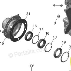 May include: An exploded diagram of mechanical components, including a circular flange, seals, and retaining rings. The parts are arranged against a white background, with labels indicating part numbers.