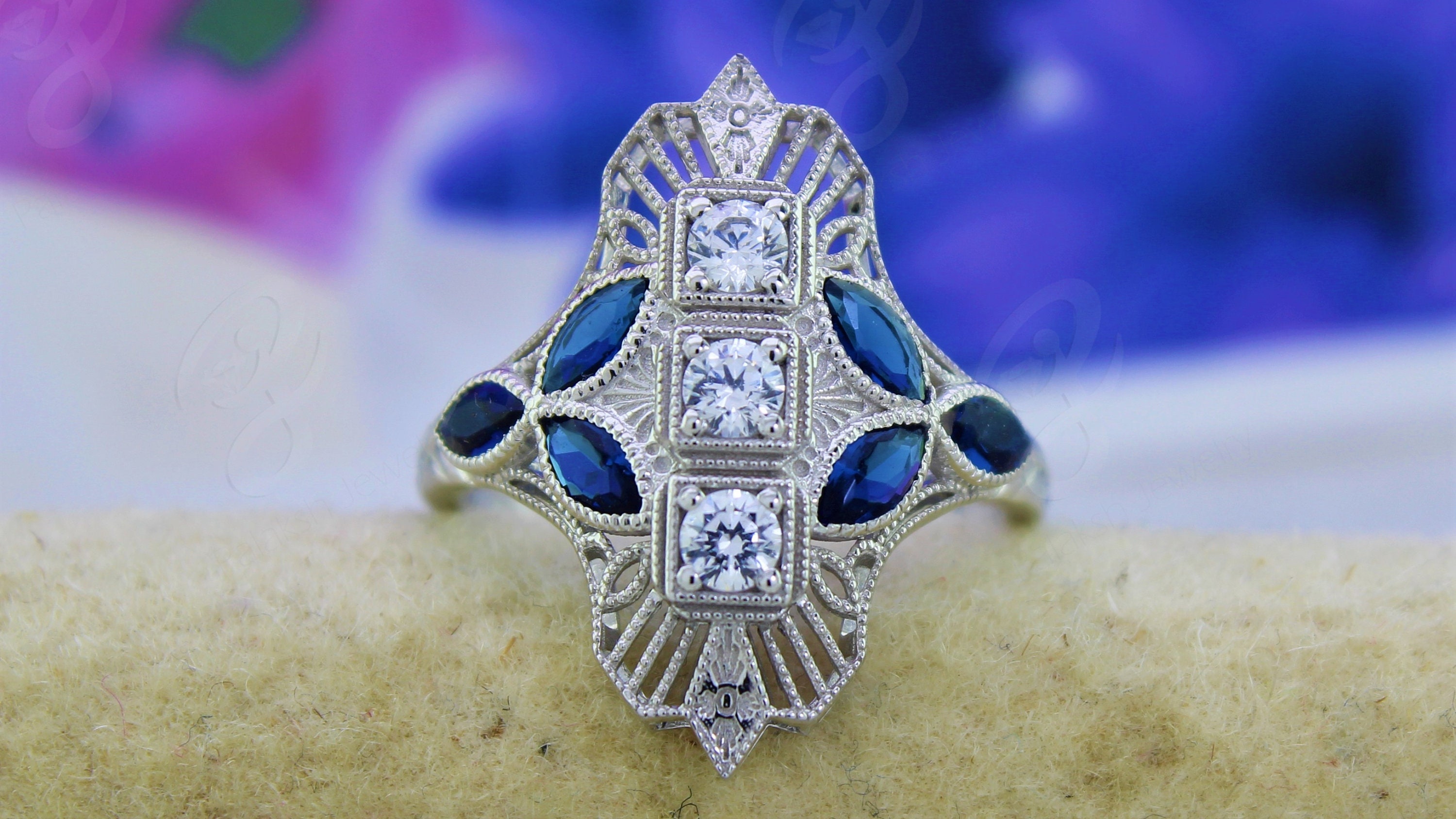 Long Vintage Ring Three Stone Ring Art Deco Ring Vintage Etsy