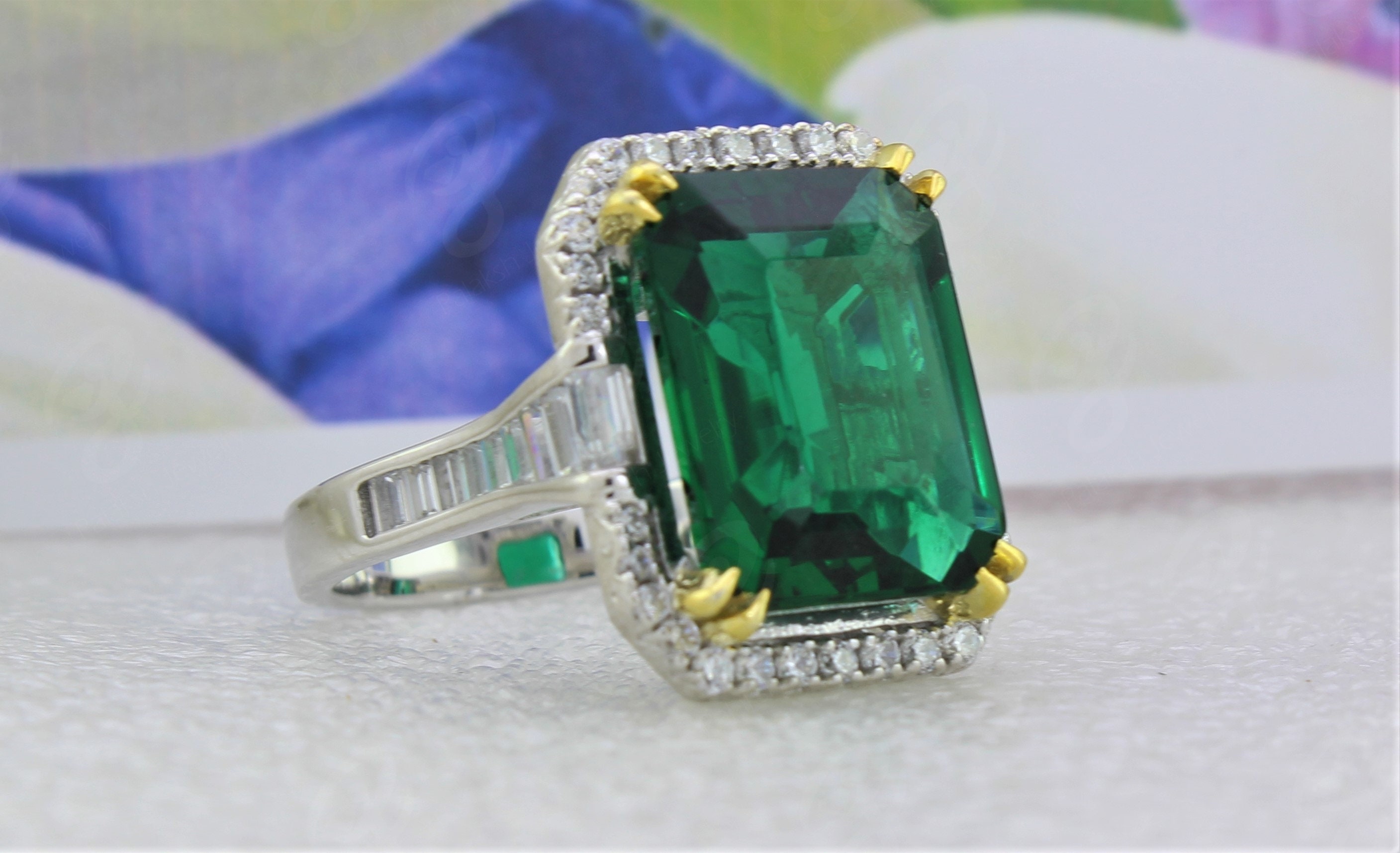 Halo Green Emerald Cut and Baguette Vintage Reproduction Ring - Etsy