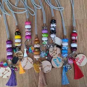Personalized teacher lanyard silk tassel key ring lobster claw id badge holder, plywood tag marble rainbow beaded lanyard gift for teacher