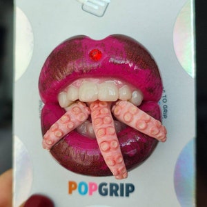 Realistic mouth pop socket, crimson lips shimmer pink octopus tentacles Swarovski crystals popsocket phone grip stand holder loop girl gift