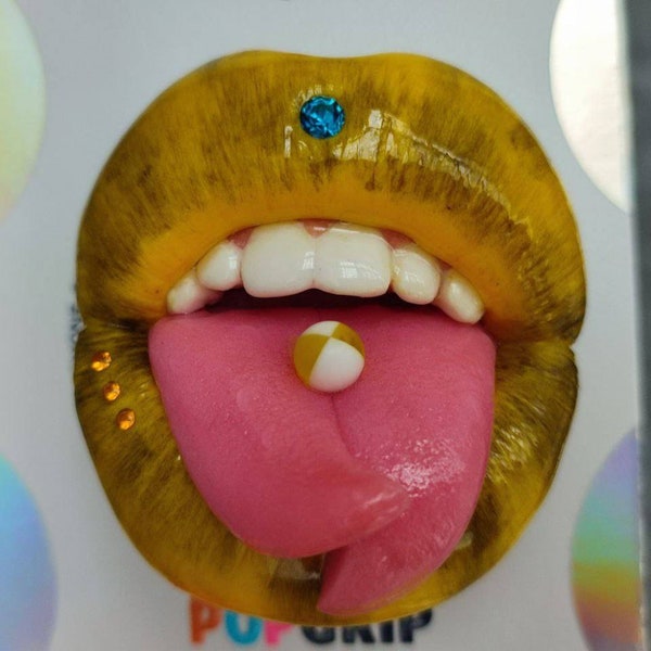 Orange black lips mouth pop socket, Swarovski crystal split pierced tongue grip holder loop stand ooak popsocket girl gift her