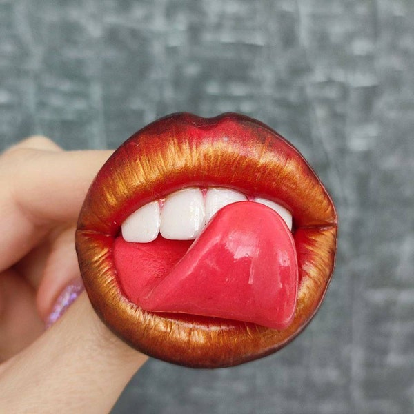 Red gold lips realistic mouth pointy pink wet tongue coat brooch pin badge, shimmer unique ooak gift for girlfriend women wife birthday her