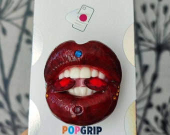 Dark red lips mouth pop socket, Swarovski crystal gem wet saliva tongue phone grip holder loop stand popsocket holder case girl gift for her