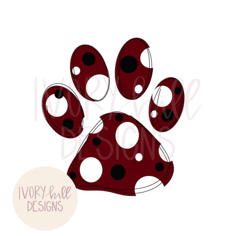 May include: A maroon paw print with white and black polka dots. The paw print is outlined in black.