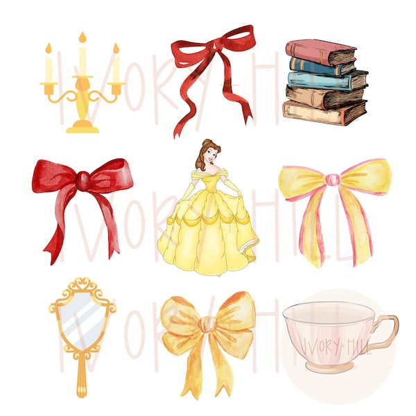 Princess in yellow dress watercolor coquette bows PNG, digital design and clipart for sublimation and inkjet printing, beauty and beast