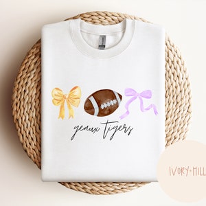 Tiger football coquette bow PNG, purple and yellow, digital design and clipart for inkjet printing and sublimation