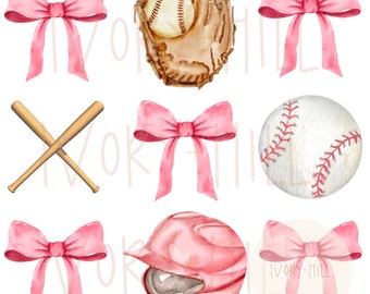 May include: A set of watercolor illustrations featuring baseball-themed items in pink and brown. The set includes a baseball glove, a baseball, a baseball bat, a baseball helmet, and four pink bows.