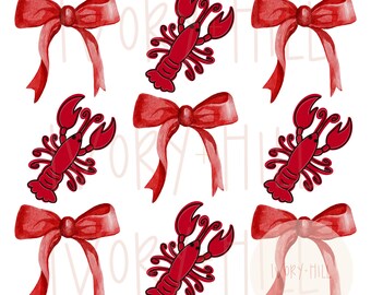 Coquette red bow crawfish PNG, digital design and clipart for sublimation and digital deigns