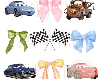 Cars bow coquette png y diseño digital para sublimación, transferencias de prensa de calor e impresión con tinta.