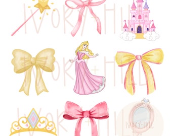 Pink sleepy princess bows coquette watercolor PNG, digital designs and clipart for sublimation and inkjet printing, sleeping beauty