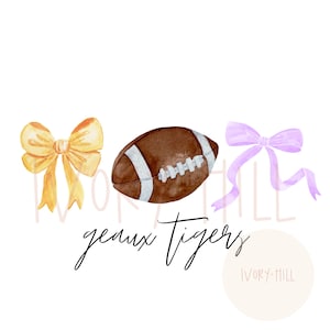 Tiger football coquette bow PNG purple and yellow, digital design and clipart for inkjet printing and sublimation