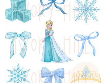 Fiocchi blu coquette blu ghiaccio principessa, disegni digitali e clipart per sublimazione e stampa a getto d'inchiostro, acquerello