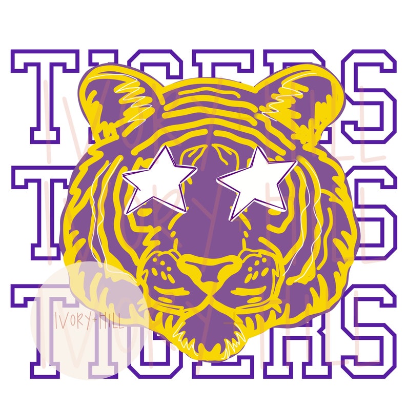 Pu&ograve; includere: Grafica viola e gialla di una tigre con stelle come occhi. La parola "TIGERS" &egrave; ripetuta tre volte in un font viola e bianco.