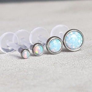 BLUE SKY 16g Opal Bezel Set Bioflex push in labret bars, Blue Opal Set, Triple Helix Studs, Labret bars, Curated Ear, Earrings, Conch, Rook