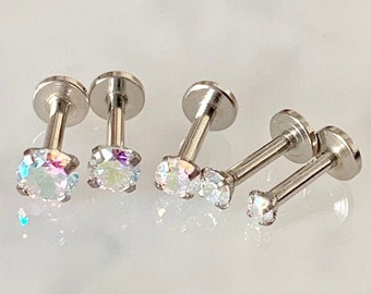 DAZZLE 16g Aurora Borealis Crystal Ear Studs for Cartilage/Tragus bar/Forward Helix/Conch/Monroe/Medusa/Philtrum/Ear Lobe/lip piercings