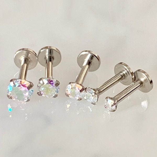 DAZZLE 16g Aurora Borealis Crystal Ear Studs for Cartilage/Tragus bar/Forward Helix/Conch/Monroe/Medusa/Philtrum/Ear Lobe/lip piercings