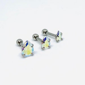 RAIN Drop Crystal, Cartilage piercings, Triple Helix Studs, Surgical Stainless Steel bars, conch, tragus jewellery