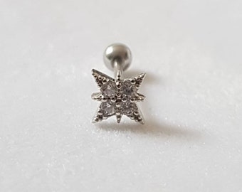 Pointed Star Barbell, 18g Cubic Zirconia Cartilage Earring, 8mm Stainless Steel