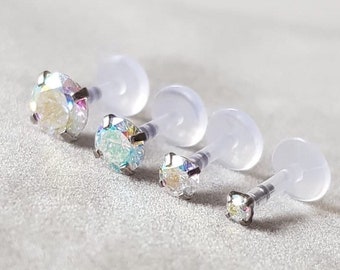 Rainbow Crystal Bioplast Labret Bar, 16g Bioflex Piercing