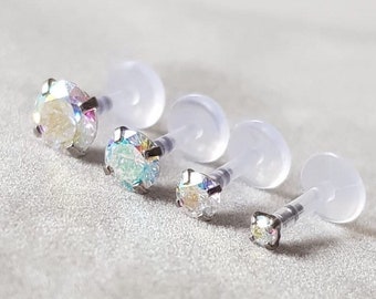 RAINBOW Bioplast Crystal 16g Bioflex labret bars for Cartilage/Tragus bar/Forward Helix/Conch/Monroe/Medusa/Philtrum/Ear Lobe/lip piercings