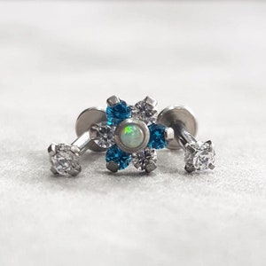 LUX set in Azure Blue, Crystal & Opal Flower Labrets in 16g, High Quality Surgical Steel, triple helix set, Helix piercings, cartilage stud