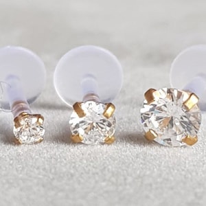GOLD Bioflex Labret 16g Flexible Crystal Prong Set Stud Cartilage/Tragus bar/Forward Helix/Conch/Monroe/Medusa/Philtrum/Push Fit
