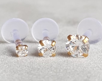Gold Bioflex Labret Stud: Crystal Prong Set, Flexible Bar (16g)