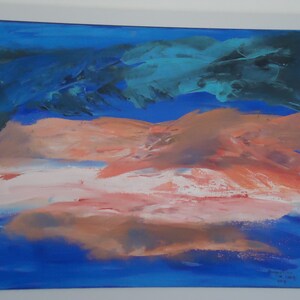 Original Abstract Painting, Ready to hang. With white floated wooden frame. Contemporary Art. Blue,white. Title Sunset