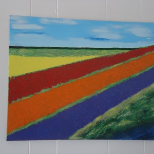 Abstract Acrylic Painting, 16 x 20. Ready to display with wire. Title Dutch Flower Fields 2. Colors yellow, red, orange, purple.