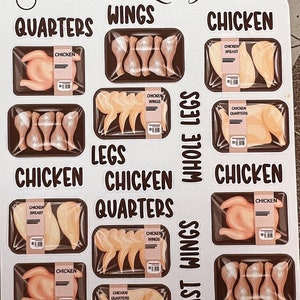 May include: A white sheet with brown stickers of different cuts of chicken. The stickers have images of chicken parts and the words "Chicken", "Wings", "Quarters", "Legs", "Whole Legs", and "Breast".