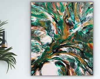 Large Abstract Acrylic Painting: Green & Gold Fluid Art Dutch Pour