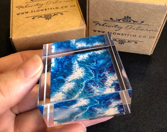 Desk Ornament, Paperweight, Acrylic block office gift, acrylic pour artwork by Felicity Osborne, unique gift for him, housewarming gift.