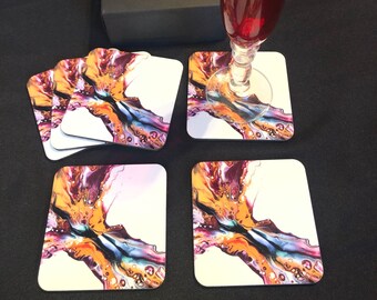Set of 6 coasters, created using original acrylic pouring art by Felicity Osborne of Flowbyflo. Unique design, limited edition, ideal gift.