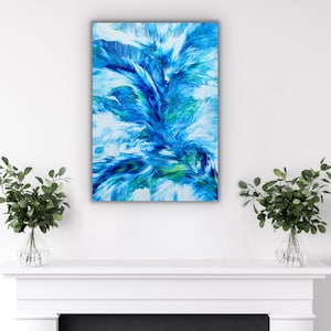 Fluid Art, Acrylic Pour Painting, Dutch Pour. ‘Blue Bird’ a unique painting on canvas echoing fluid movement and flight. By Felicity Osborne