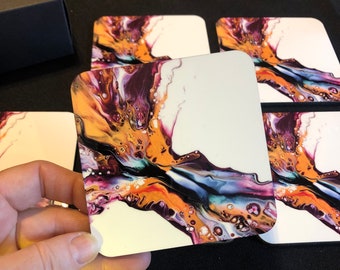 Set of 4 coasters, created using original acrylic pouring art by Felicity Osborne of Flowbyflo. Unique design, limited edition, ideal gift.